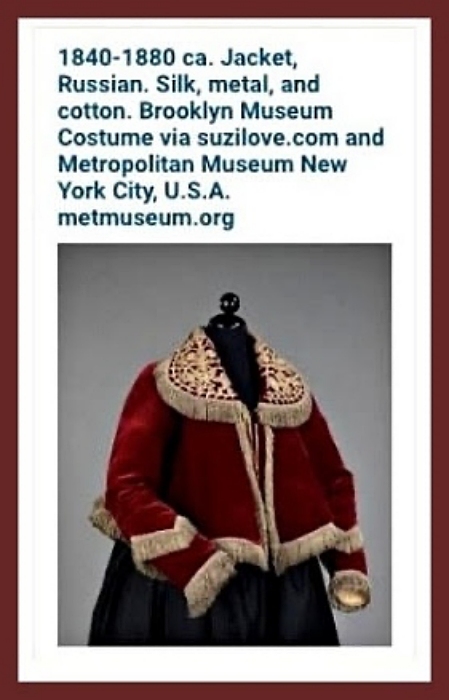 1840-1880 ca. Burgundy and White Jacket, Russian. Silk, metal, and cotton. Brooklyn Museum Costume via suzilove.com and Metropolitan Museum New York City, U.S.A. metmuseum.org