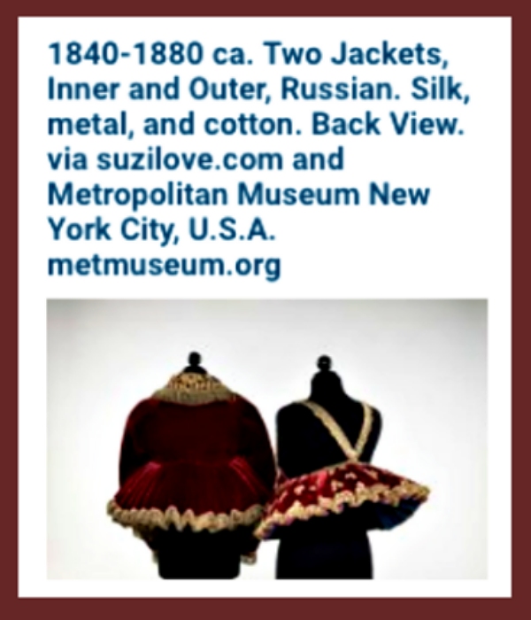 1840-1880 ca. Burgundy and White Jacket, Russian. Silk, metal, and cotton. Brooklyn Museum Costume via suzilove.com and Metropolitan Museum New York City, U.S.A. metmuseum.org