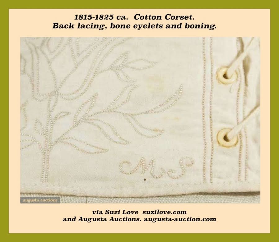 1815-1825 ca. Eyelets and Monogram View. Back Lacing Corset. Cream cotton, dark cream embroidered flowers, sateen, and entirely hand sewn. Cotton cord, bones, centre front busk, bone eyelets and embroidered MS twice. Via Augusta Auctions - augusta-auction.com