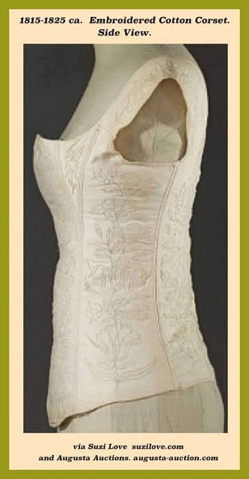 1815-1825 Side View. Back Lacing Corset. Cream cotton, dark cream embroidered flowers, sateen, and entirely hand sewn. Cotton cord, bones, centre front busk, bone eyelets and embroidered MS twice. Via Augusta Auctions - augusta-auction.com