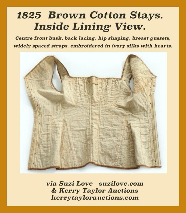 1825 Inside Lining View. Brown stays with center front busk, cotton embroidered in ivory silks with hearts. via Kerry Taylor Auctions kerrytaylorauctions.com