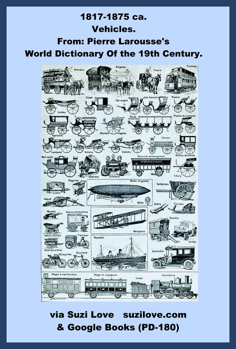 1817-1875 ca. Vehicles. From: Pierre Larousse's World Dictionary Of the 19th Century.https://suzilove.wordpress.com/wp-admin/books2read.com/SuziLoveTravel