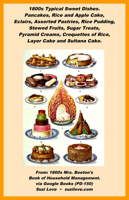 1800s Typical Sweet Dishes. Pancakes, Rice and Apple Cake, Eclairs, Assorted Pastries, Rice Pudding, Stewed Fruits, Sugar Treats, Pyramid Creams, Croquettes of Rice, Layer Cake and Sultana Cake. From: 1860s Mrs. Beeton's Book of Household Management. via Google Books (PD-150)