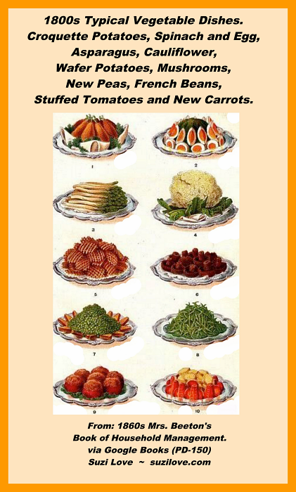 1800s Typical Vegetable Dishes. Croquette Potatoes, Spinach and Egg, Asparagus, Cauliflower, Wafer Potatoes, Mushrooms, New Peas, French Beans, Stuffed Tomatoes and New Carrots. From: 1860s Mrs. Beeton's Book of Household Management. via Google Books (PD-150)