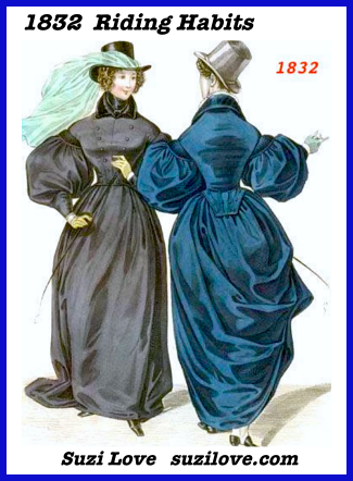 1832 Ladies Riding Habits. Grey and Blue with Bouffant, or puffed, sleeves and matching hats. via La Mode.